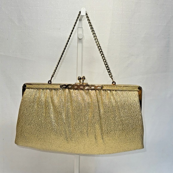 VTG Gold Lamé 1960s Evening Clutch‎ Convertible Handbag Purse Kisslock